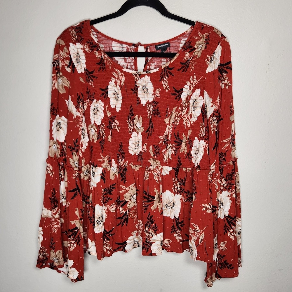 Torrid Womens 1X Rust Floral Smocked‎ Peplum Top Boho Cottagecore Romantic